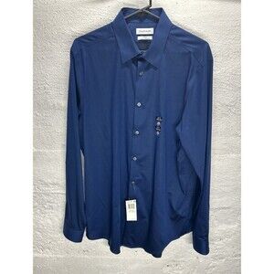 Calvin Klein Men Dark Blue Slim-Fit Herringbone Non-Iron Dress Shirt 16.2 34-35